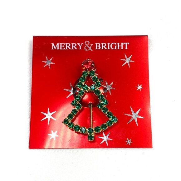 Merry & Bright Crystal Studded Christmas Tree Pin Green Red & Gold 1.75" NWOT - Picture 1 of 4